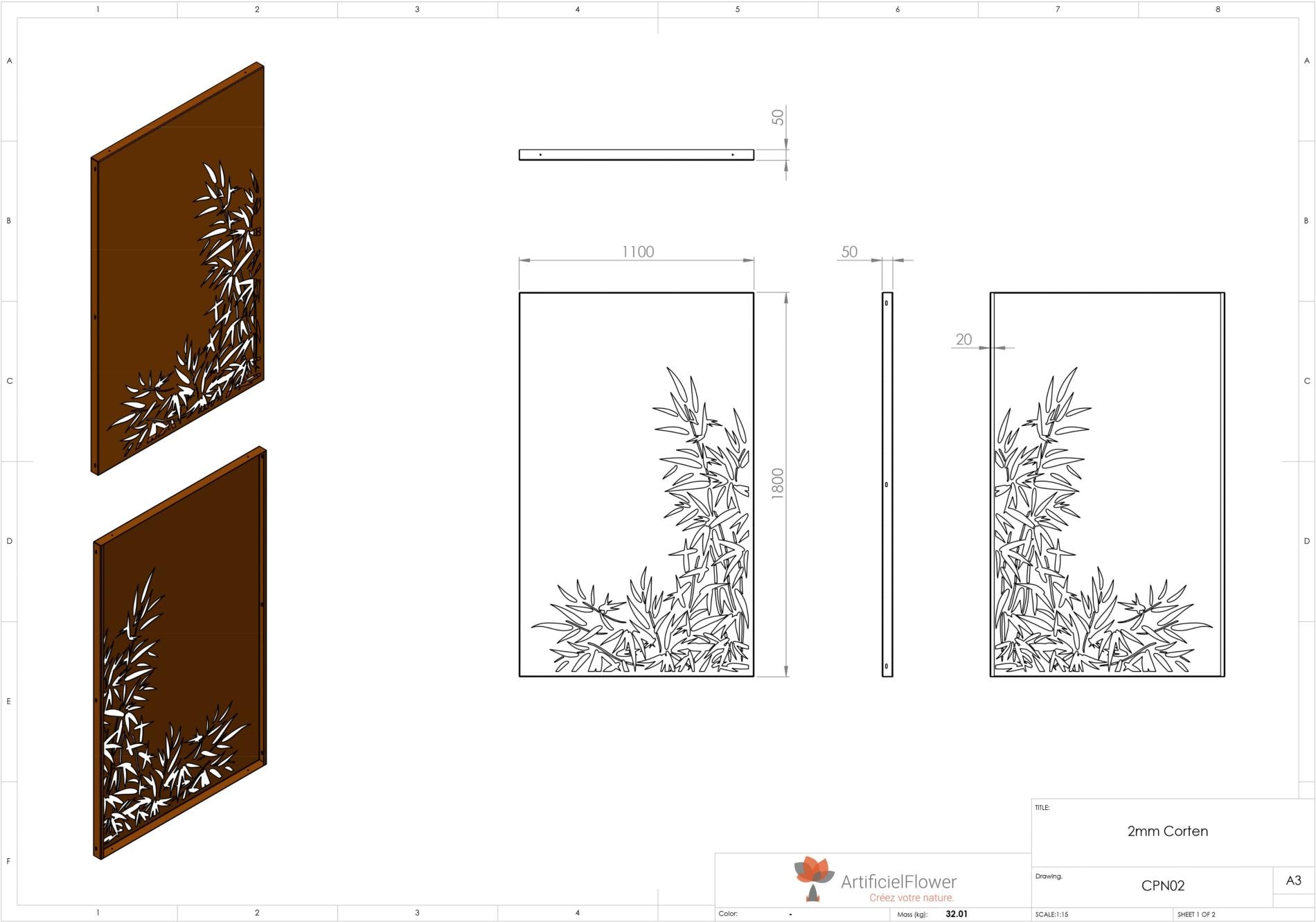 Panneau Acier Corten décors Naturel Bambou - jardin terrasse - H.180x110cm rouille