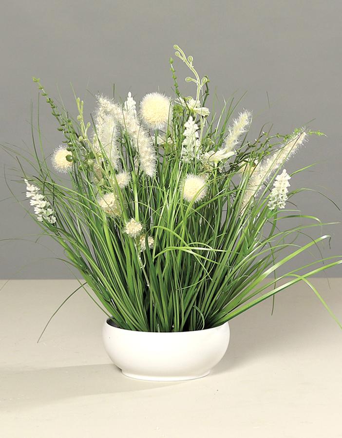 Composition artificielle fleurs de prairie blanches - coupe céramique blanche - H.40cm