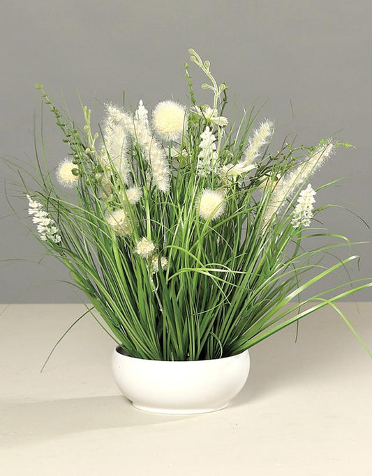 Composition artificielle fleurs de prairie blanches - coupe céramique blanche - H.40cm