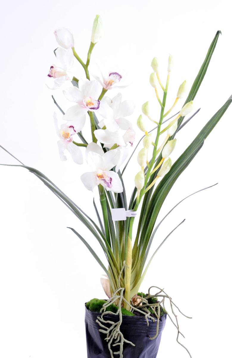 Fleur artificielle Cymbidium en motte - plante d'intérieur - H.80cm blanc