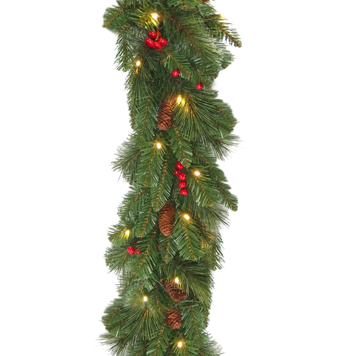 Guirlande artificielle de noël pommes de pin et baies - 50 Led avec batterie - L.274cm