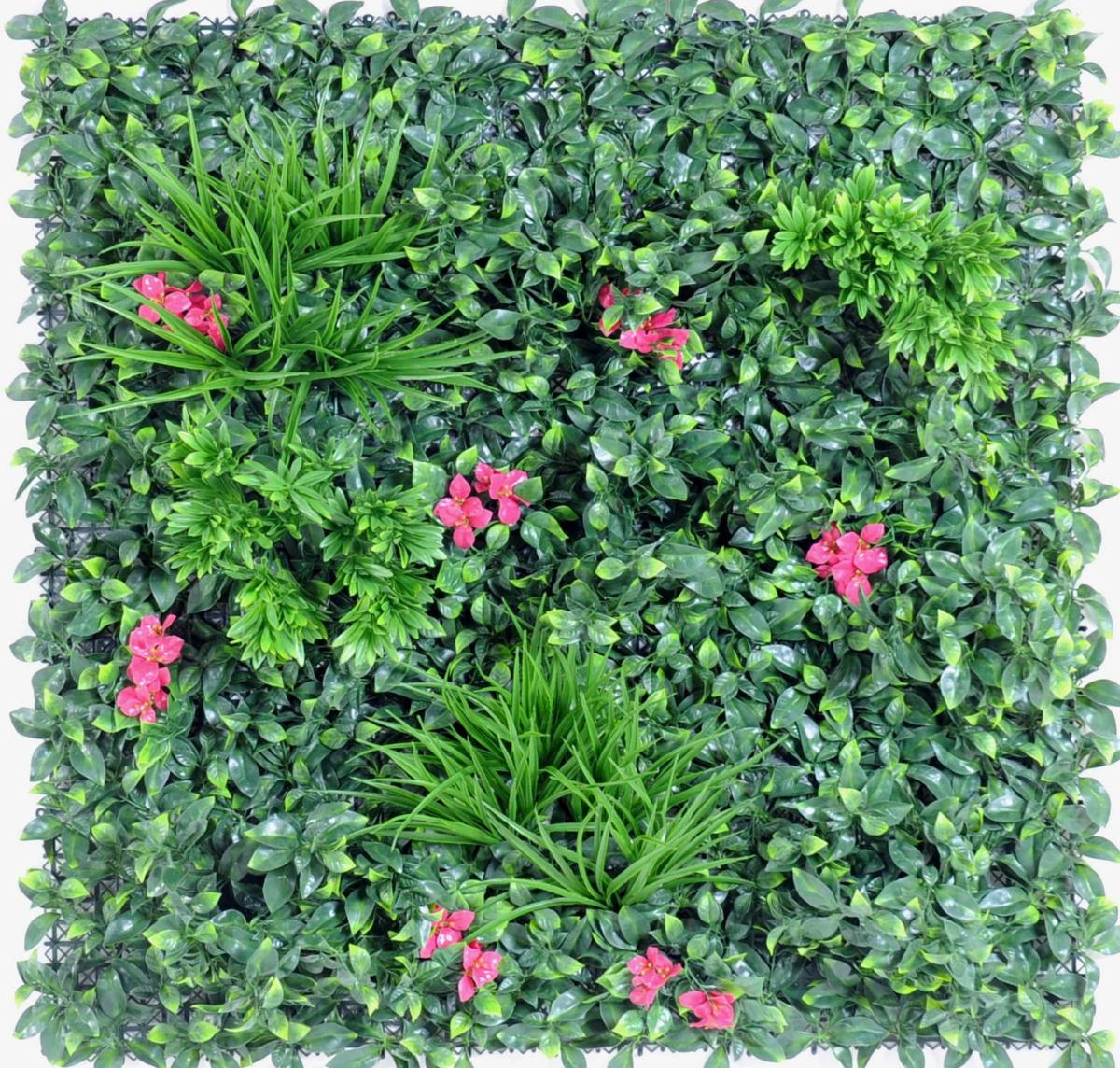 Mur végétal artificiel feuillage et fleur artificielle - décoration murale - 100x100cm vert fuchsia