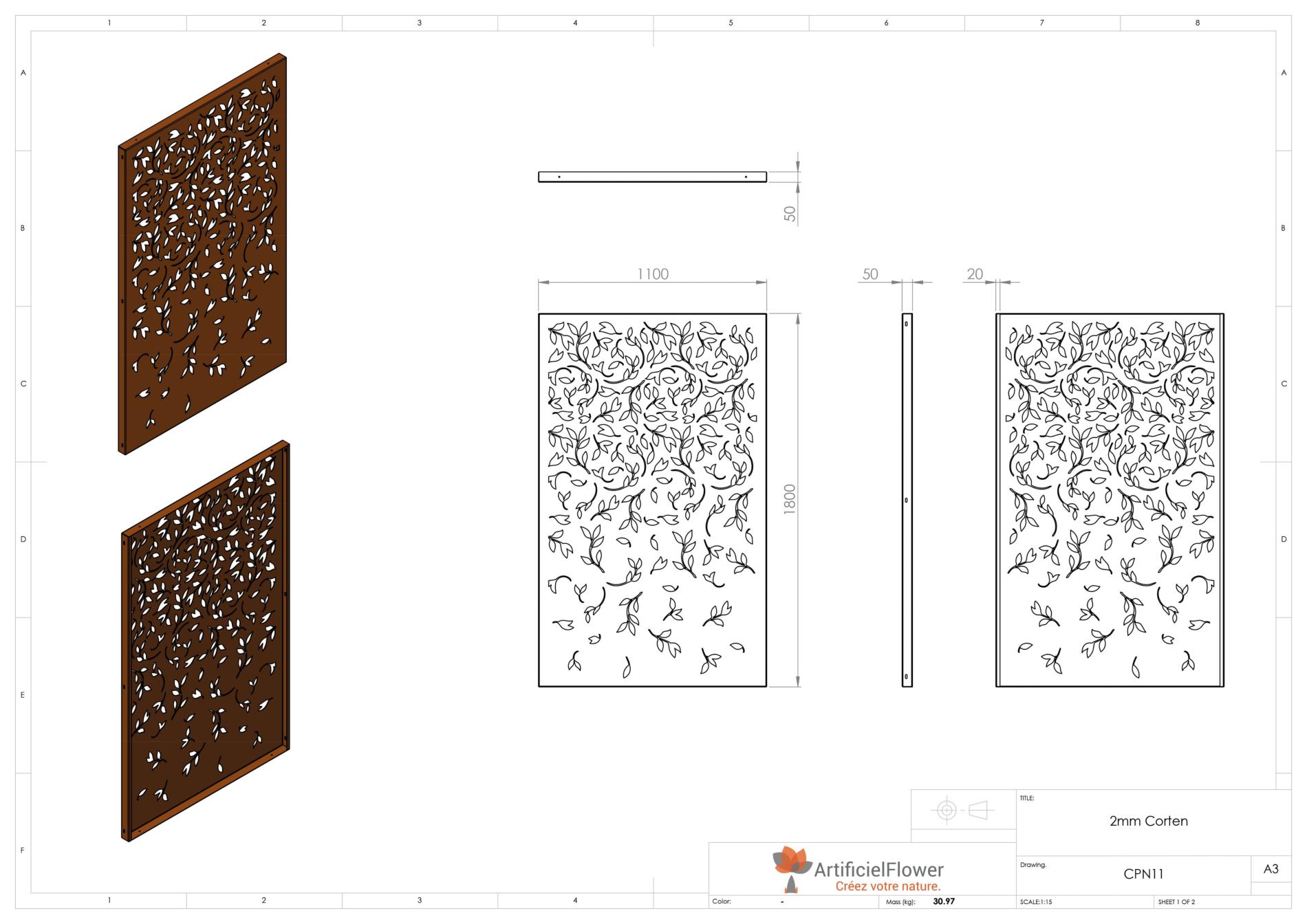 Panneau Acier Corten décors naturel feuillage - jardin terrasse - H.180x110cm rouille