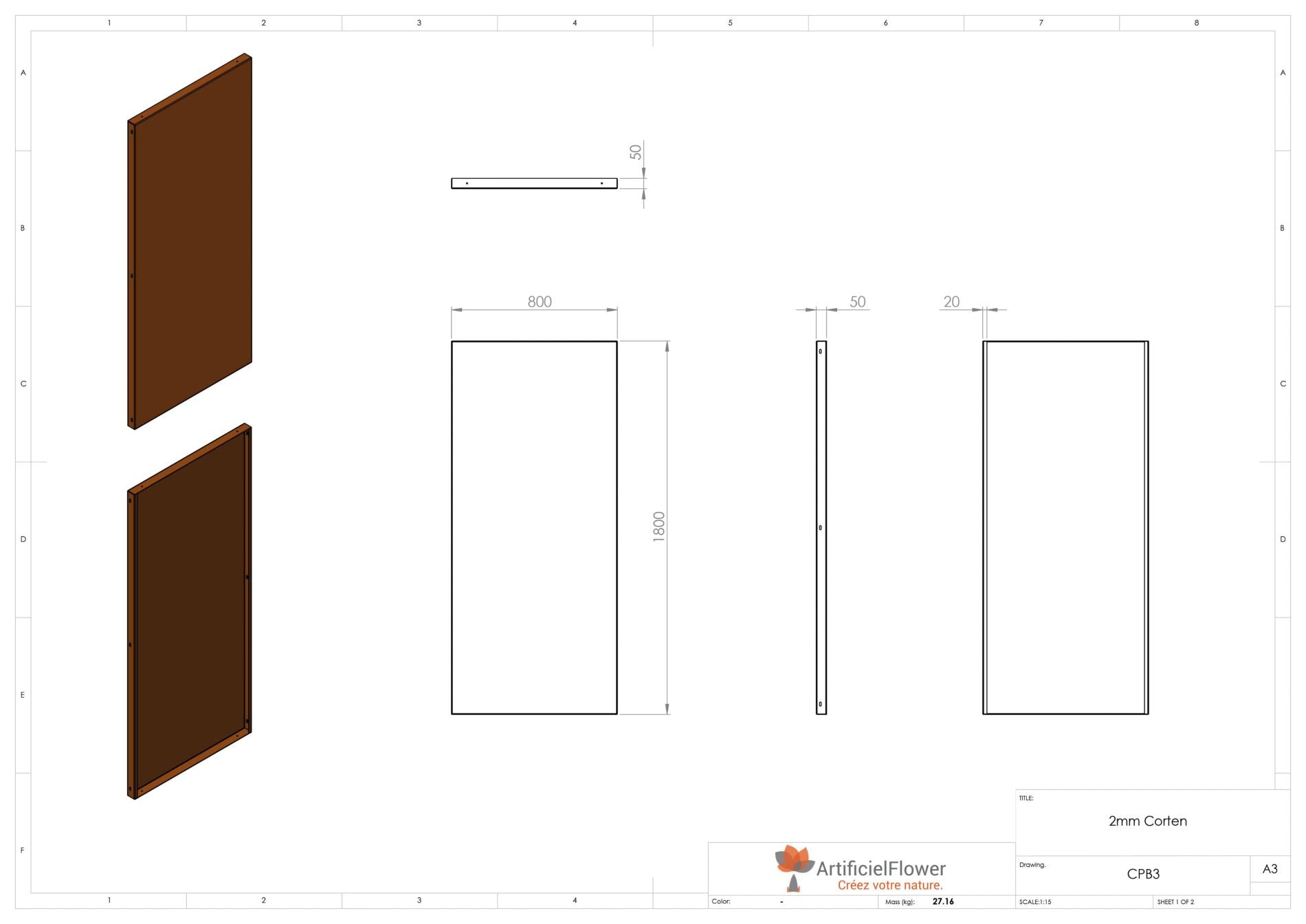 Panneau Acier Corten rouille - décoration jardin terrasse - H.180x80cm