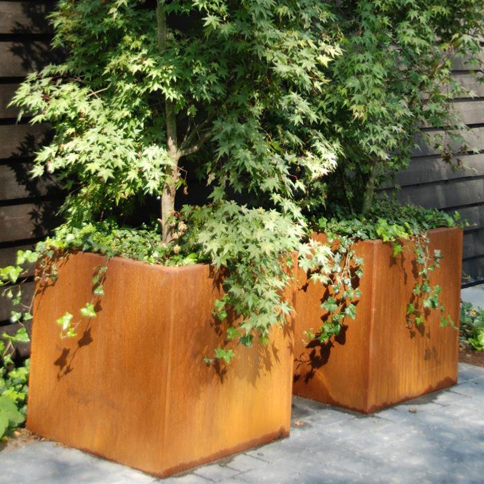 Pot pour fleur bac cube rouillé - extérieur jardin - H.100cm Corten