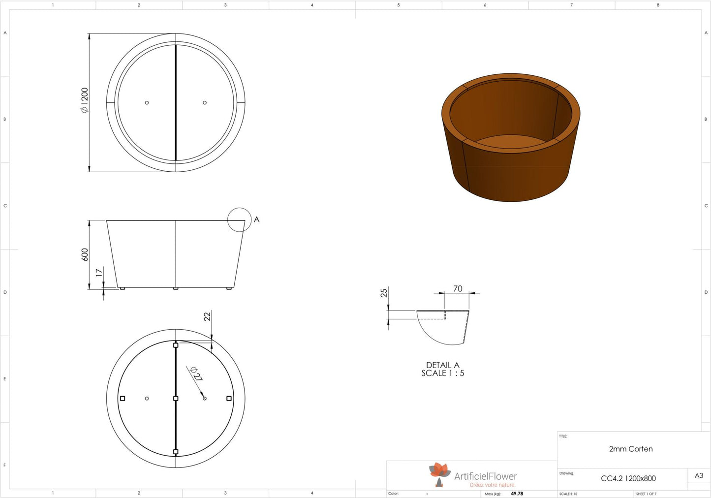 Pot pour fleur bac conique Cado rouillé - extérieur jardin - H.60xØ.120cm Corten