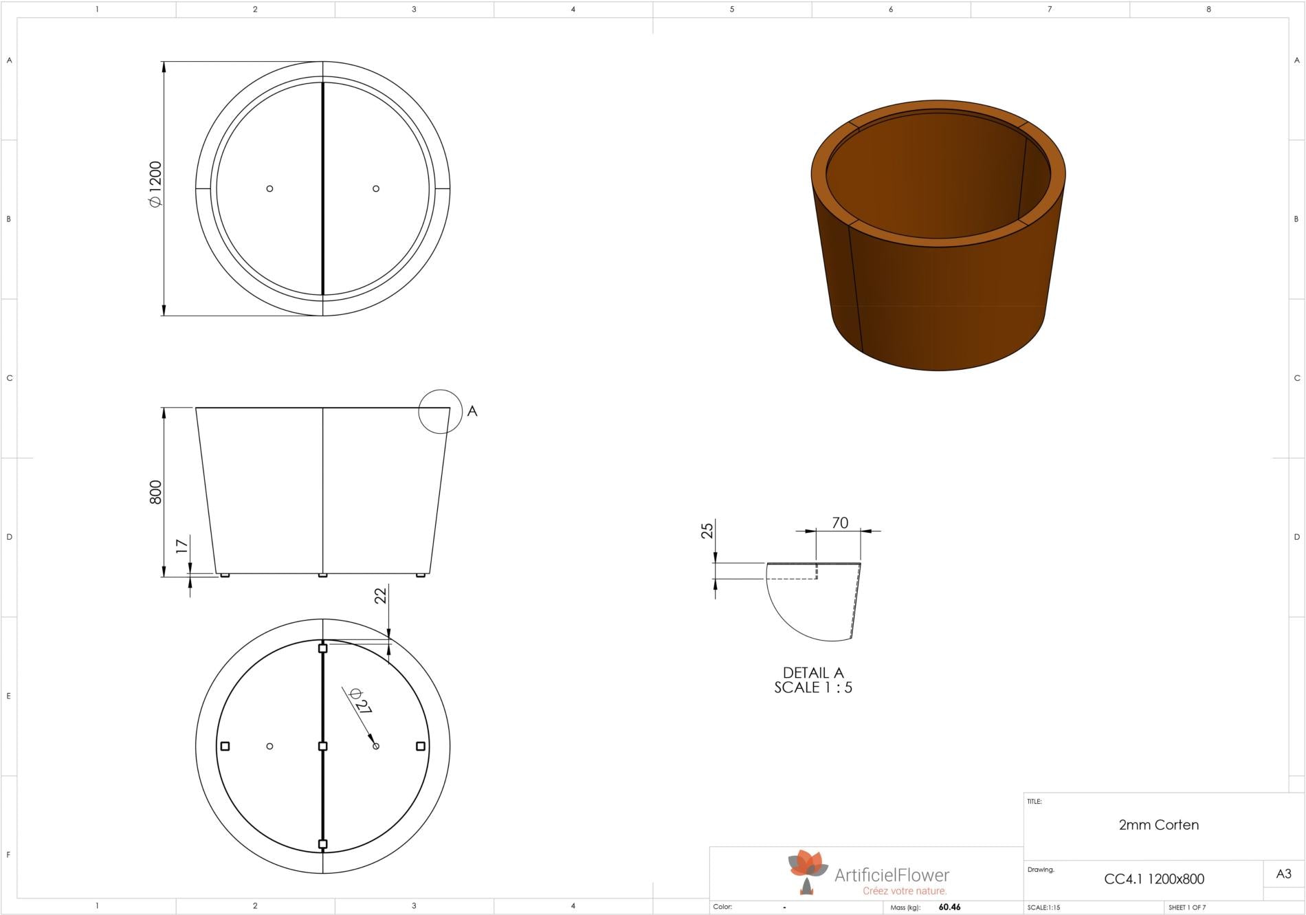 Pot pour fleur bac conique Cado rouillé - extérieur jardin - H.80xØ.120cm Corten