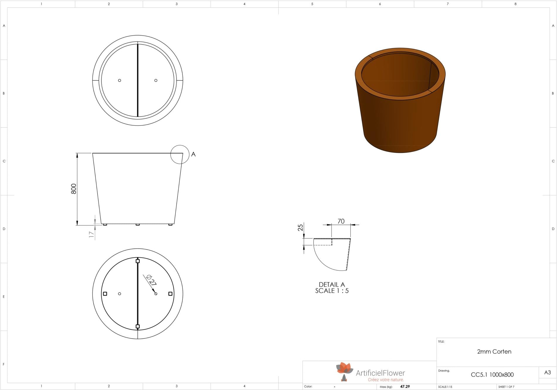 Pot pour fleur bac conique Cado rouillé - extérieur jardin - H.80xØ.100cm Corten