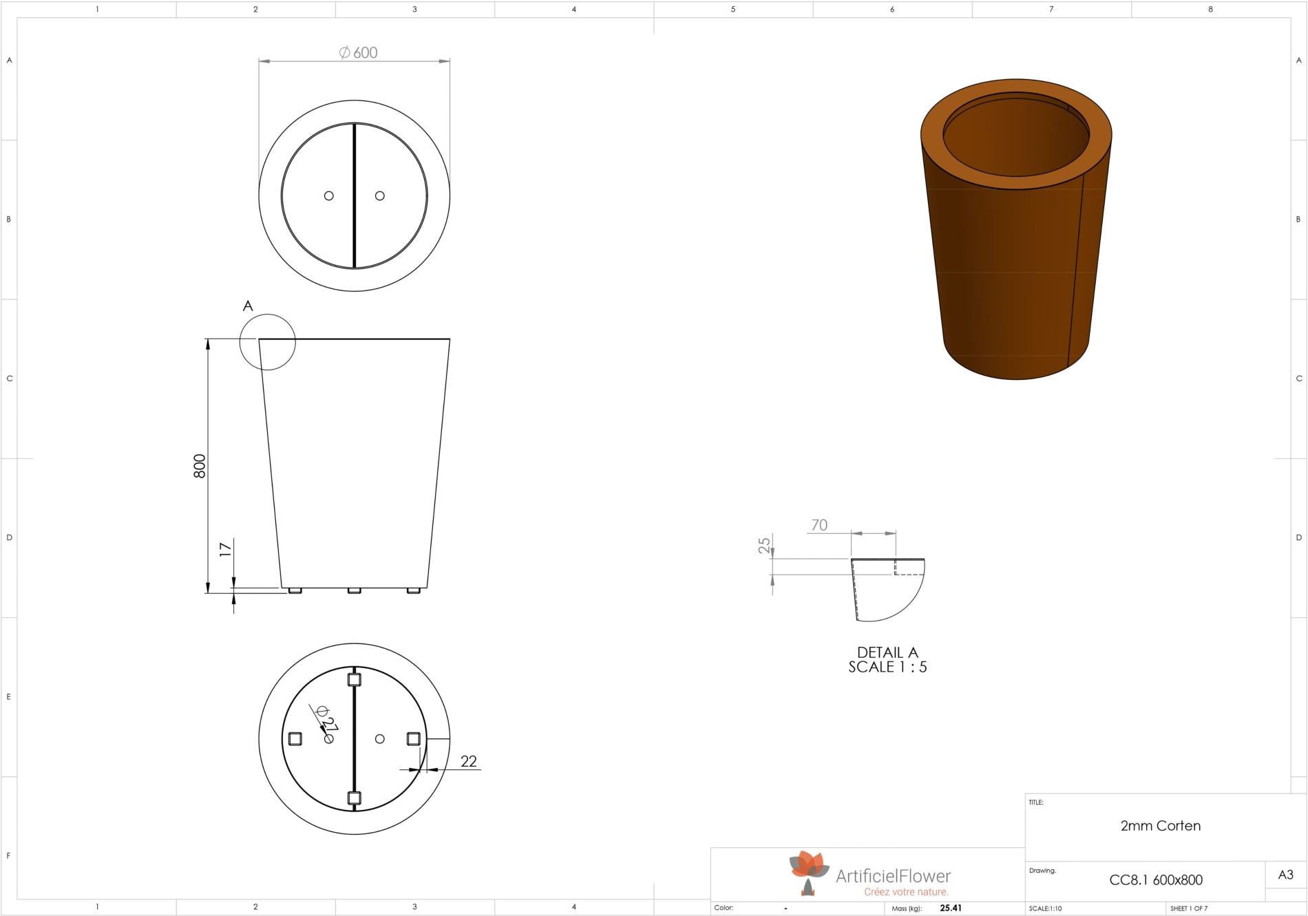 Pot pour fleur bac conique Cado rouillé - extérieur jardin - H.80xØ.60cm Corten