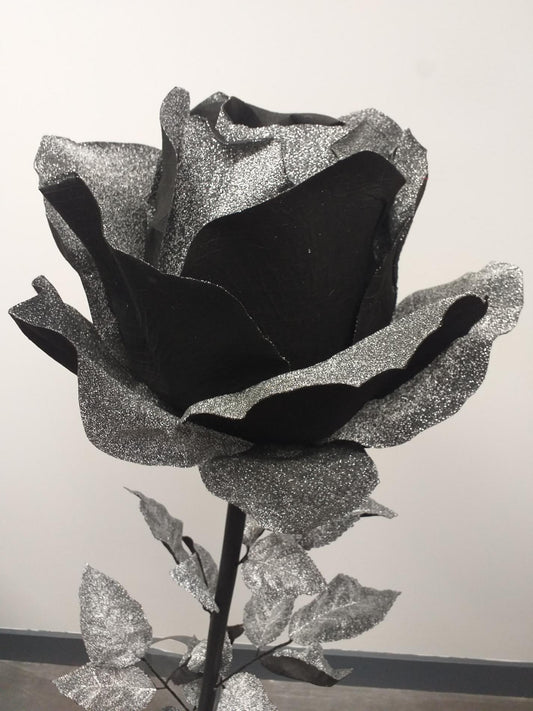 Rose artificielle géante noir pailleté - décoration d'intérieur - H125xØ.40cm