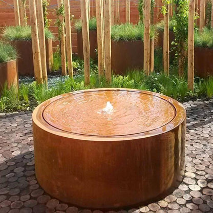 Table d'eau ronde fontaine avec LED - extérieur jardin - Ø.120xH.75cm Acier Corten