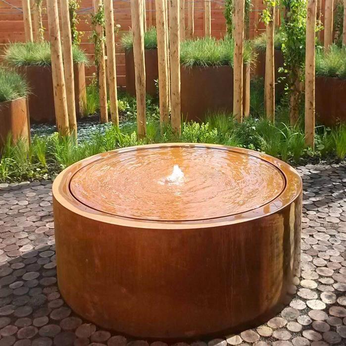 Table d'eau ronde fontaine avec LED - extérieur jardin - Ø.120xH.40cm Acier Corten