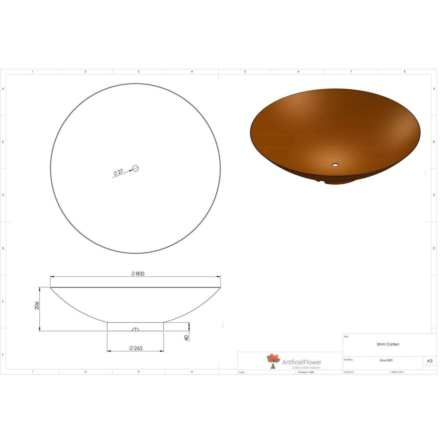 Brasero d'extérieur Acier Corten - mobilier jardin terrasse - Ø.80cm rouille