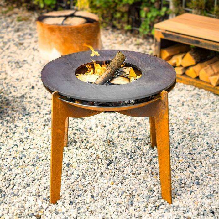 Brasero d'extérieur Acier Corten avec plaque de cuisson - mobilier jardin - Ø.60XH.57cm