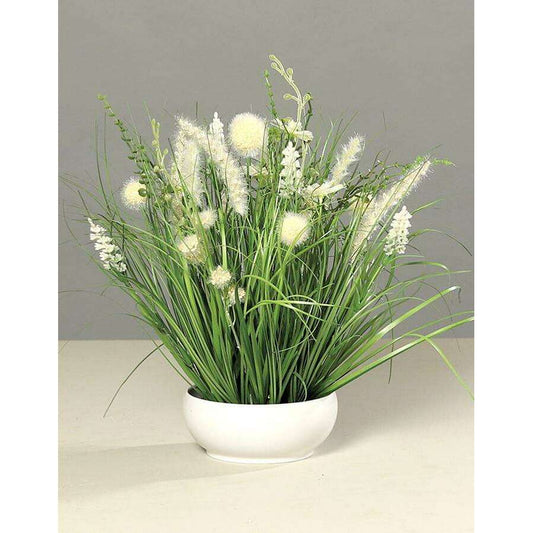 Composition artificielle fleurs de prairie blanches - coupe céramique blanche - H.40cm