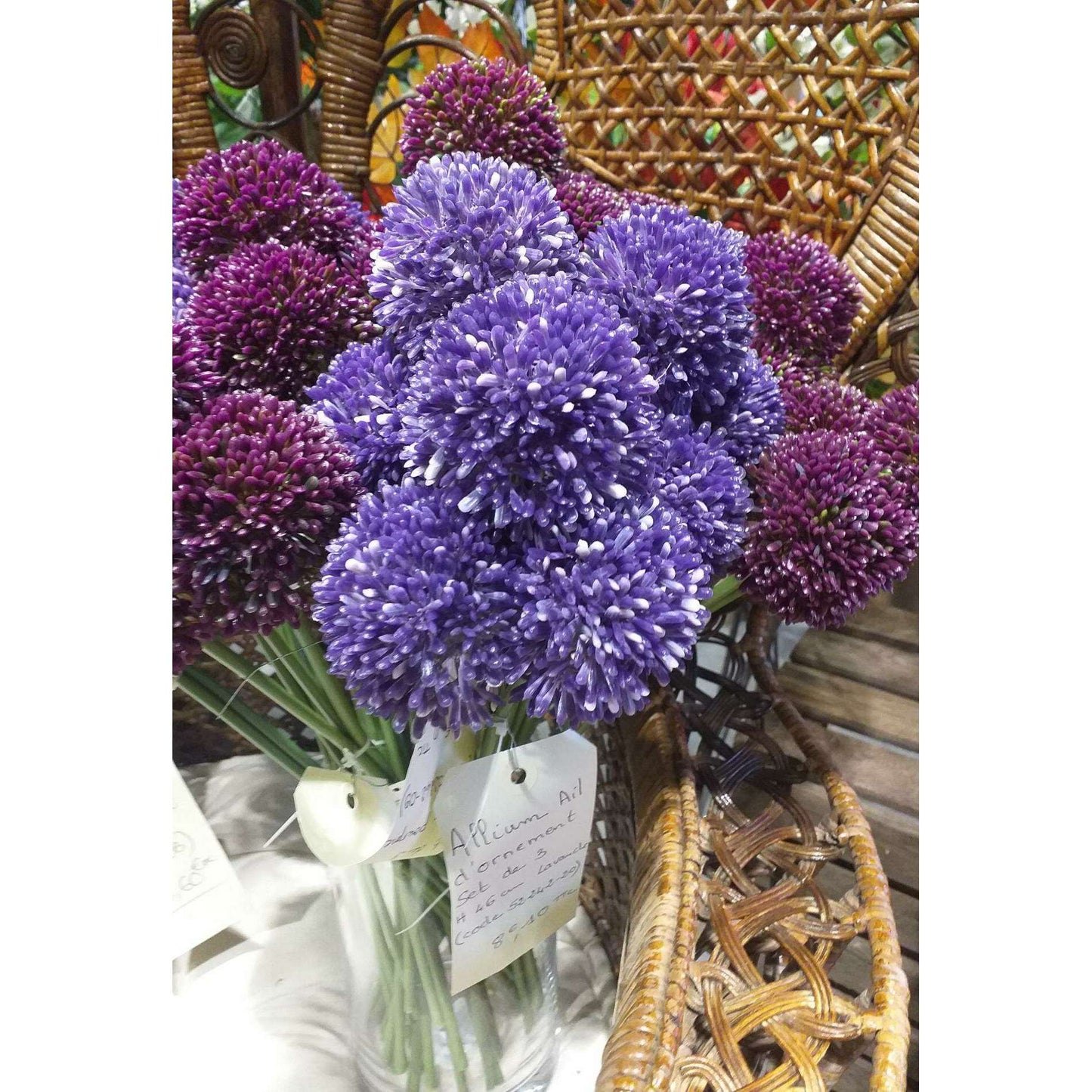 Fleur artificielle Allium ail d'ornement set de 3 - composition bouquet - H.46cm lavande