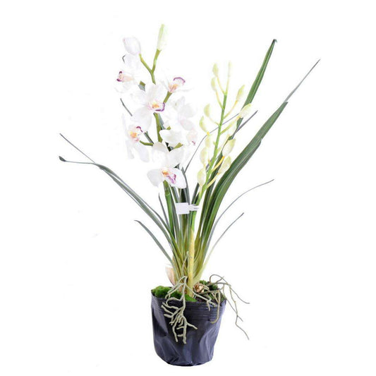 Fleur artificielle Cymbidium en motte - plante d'intérieur - H.80cm blanc