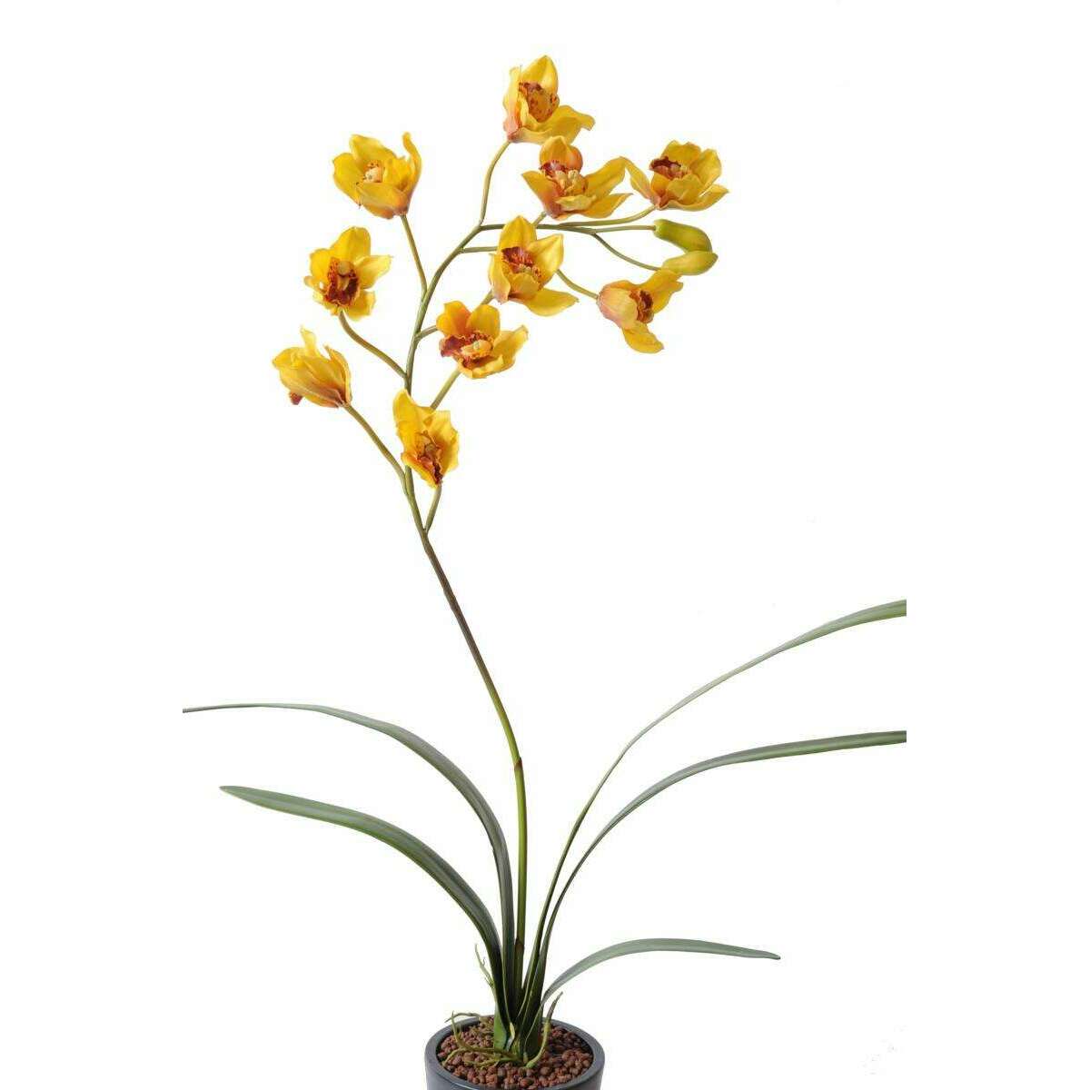 Fleur coupée Orchidée Cymbidium - plante artificielle en piquet - H.80cm jaune