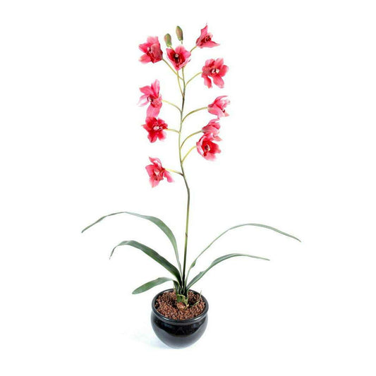 Fleur coupée Orchidée Cymbidium - plante artificielle en piquet - H.80cm magenta