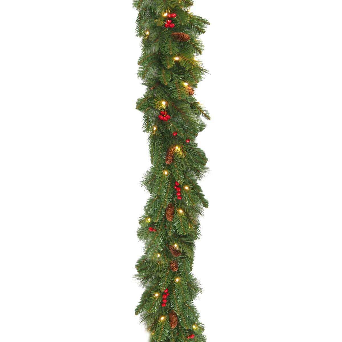 Guirlande artificielle de noël pommes de pin et baies - 50 Led avec batterie - L.274cm