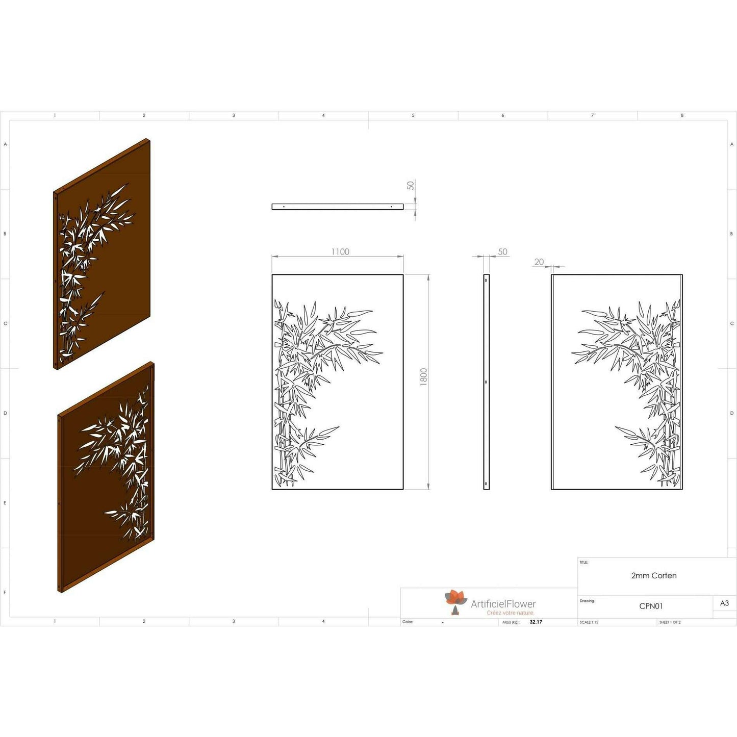 Panneau Acier Corten déco Naturel Bambou - jardin terrasse - H.180x110cm rouille