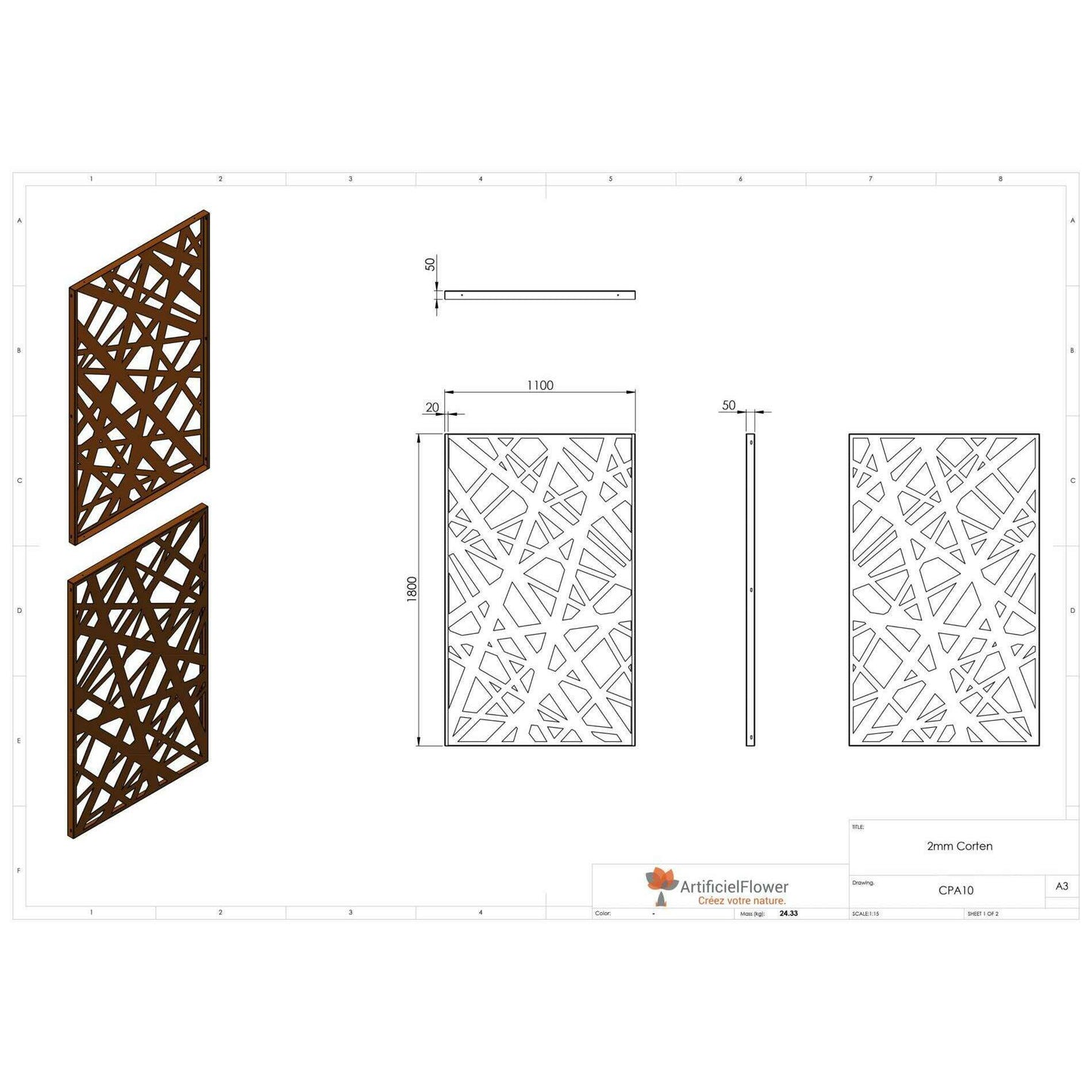 Panneau Acier Corten décors Abstrait 10 - jardin terrasse - H.180x110cm rouille