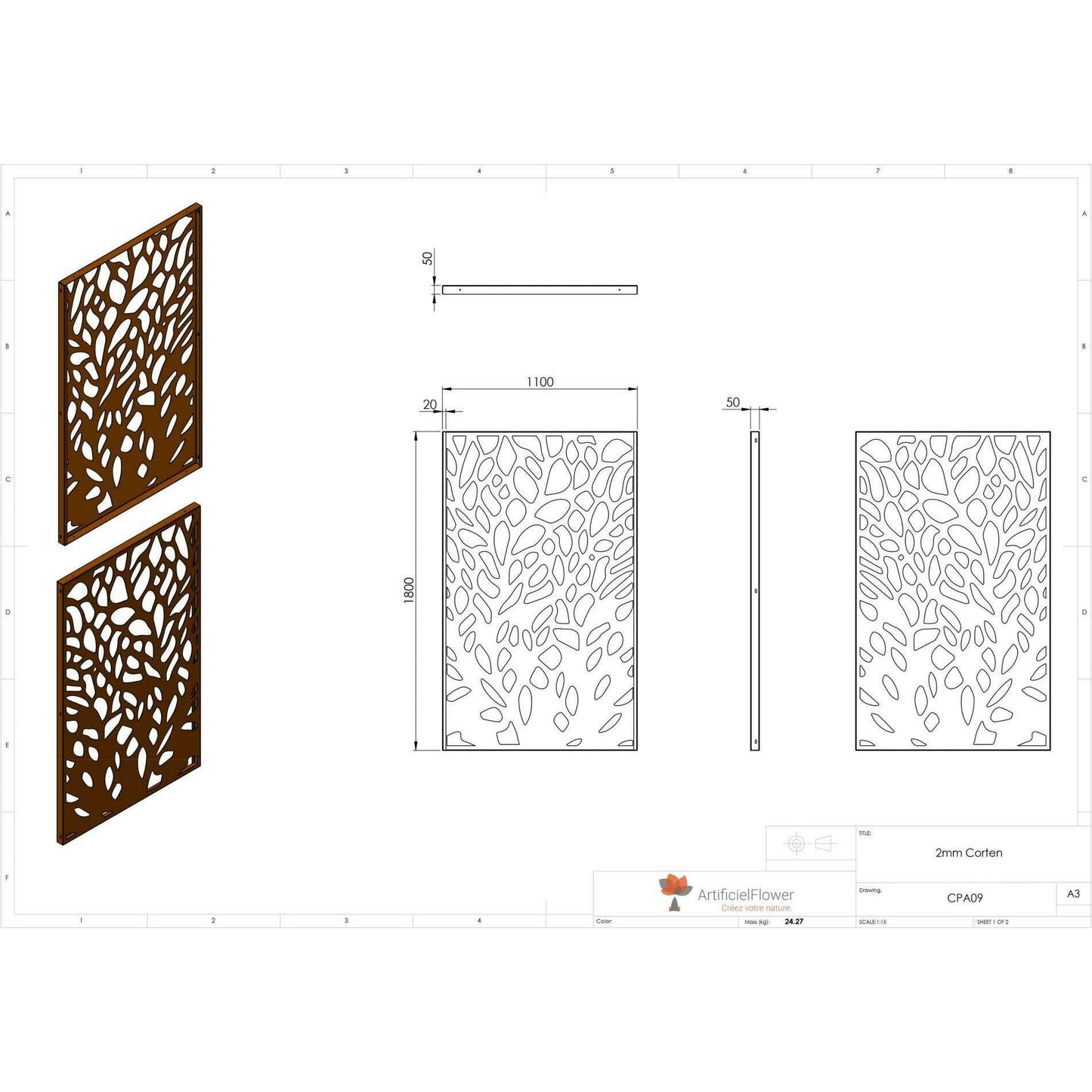 Panneau Acier Corten décors Abstrait 9 - jardin terrasse - H.180x110cm rouille