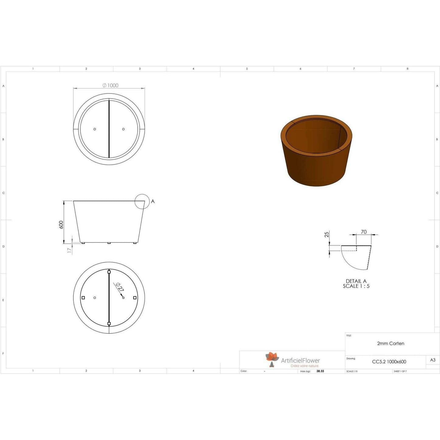 Pot pour fleur bac conique Cado rouillé - extérieur jardin - H.60xØ.100cm Corten