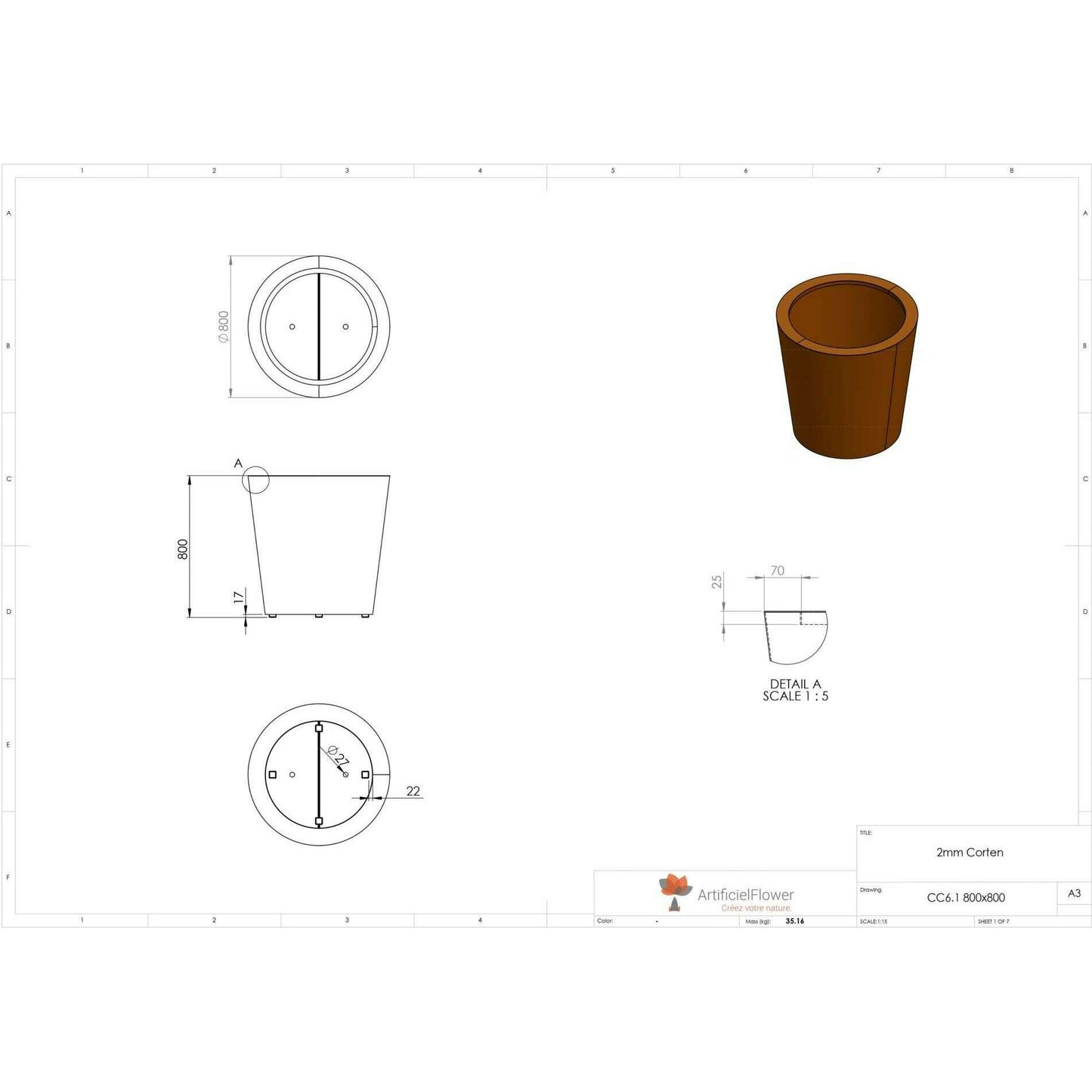 Pot pour fleur bac conique Cado rouillé - extérieur jardin - H.80xØ.80cm Corten