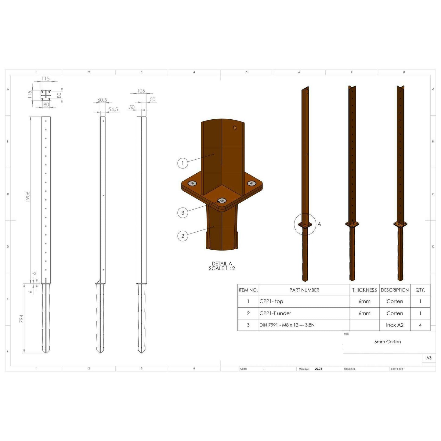 Poteau pour Panneau Acier Corten rouille - décoration jardin terrasse - H.270cm