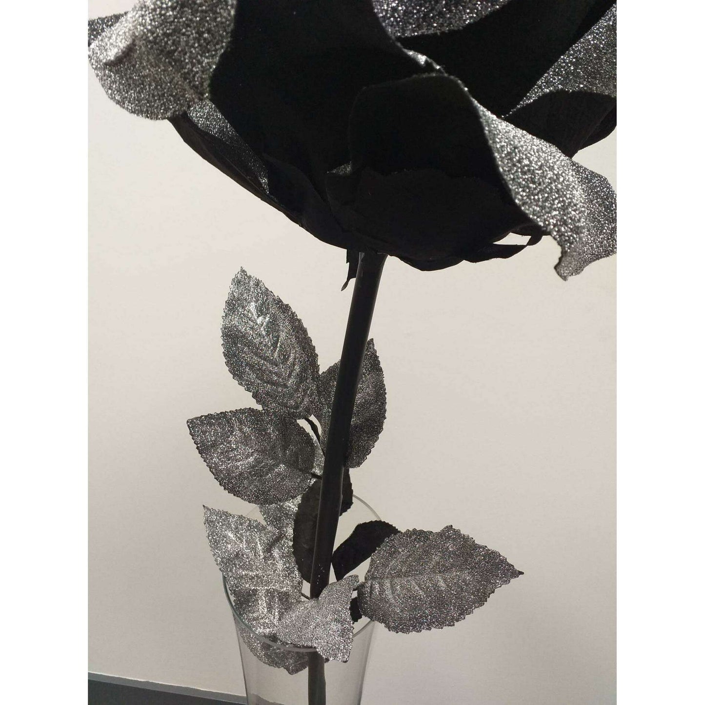 Rose artificielle géante noir pailleté - décoration d'intérieur - H108xØ.28cm