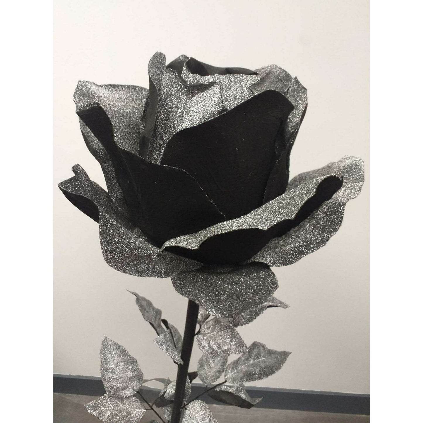 Rose artificielle géante noir pailleté - décoration d'intérieur - H125xØ.40cm