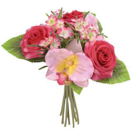 Roses et orchidées fuchsia - Bouquet artificiel - H.25 cm